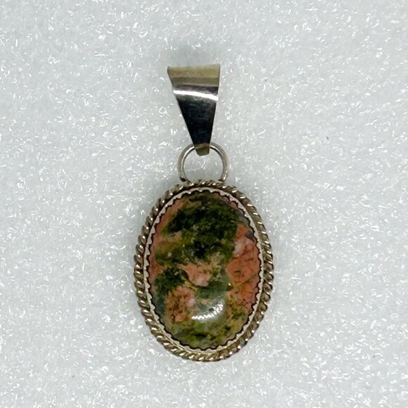 Handcrafted Sterling Silver 925 Oval Pendant Unakite Stone Green & Pink MKM - Picture 6 of 7